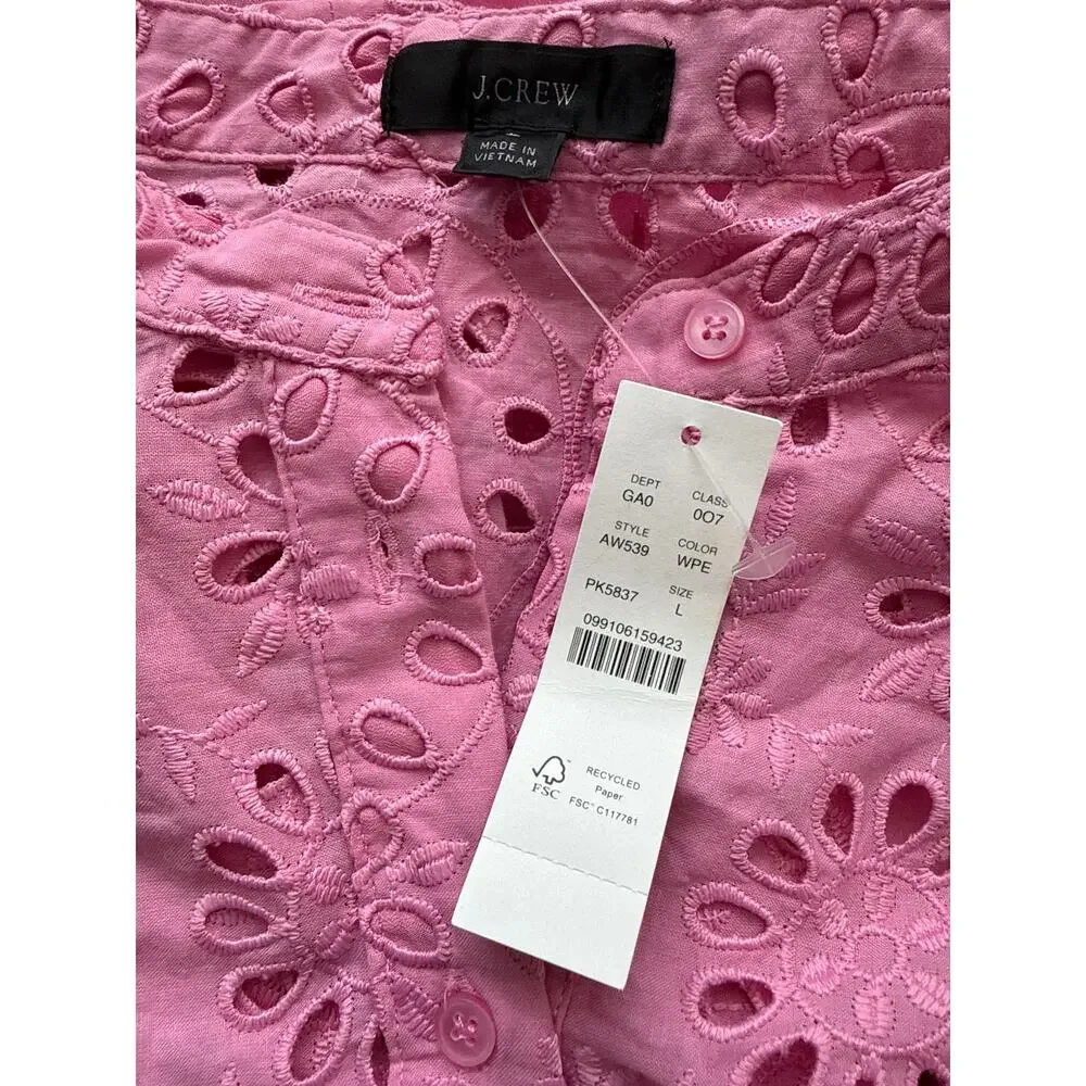 J. Crew Puff-Sleeve Popover Top in Pink Eyelet Size Large